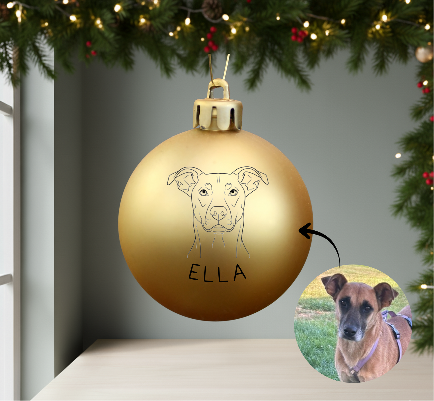 Personalisierte Christbaumkugel mit Hundeportrait und Name 🎄