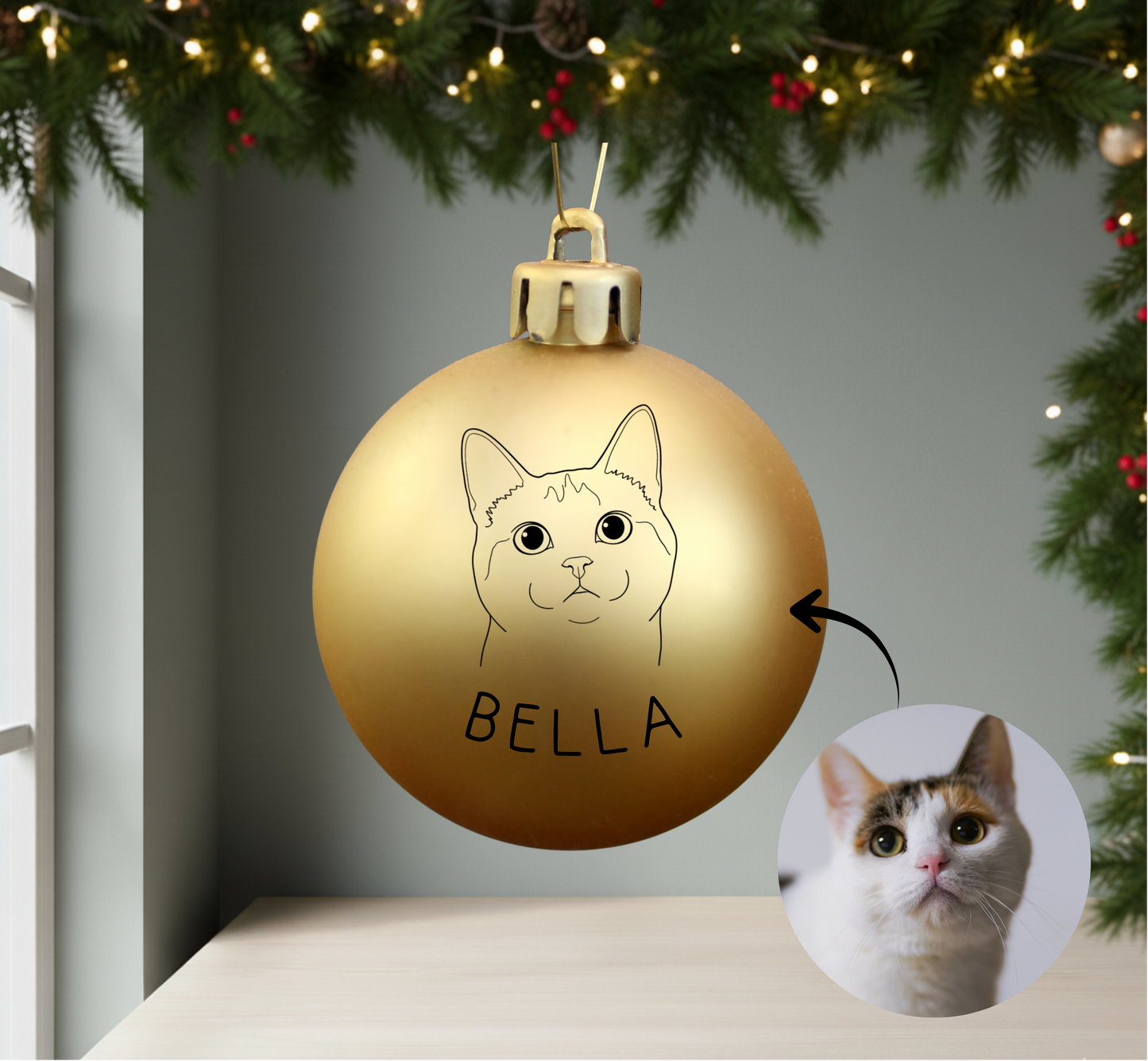Personalisierte Christbaumkugel mit Katzenportrait und Name 🎄