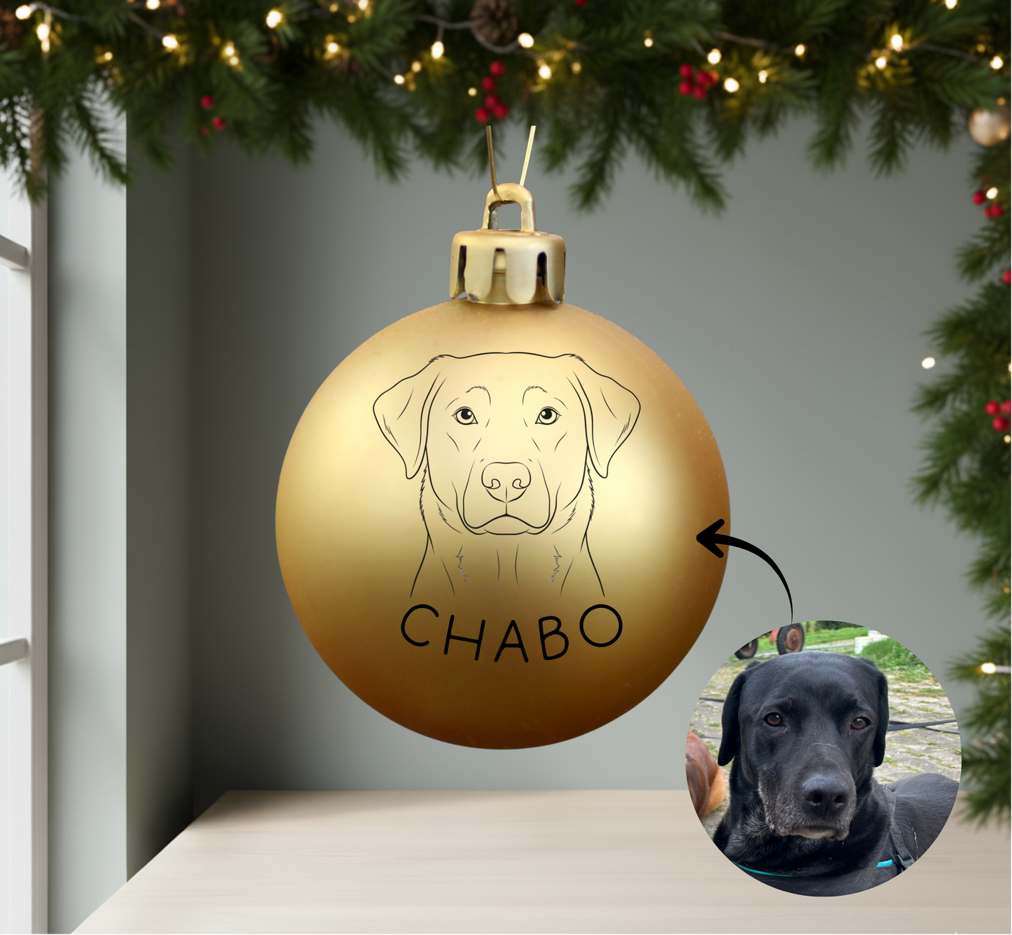 Personalisierte Christbaumkugel mit Hundeportrait und Name 🎄