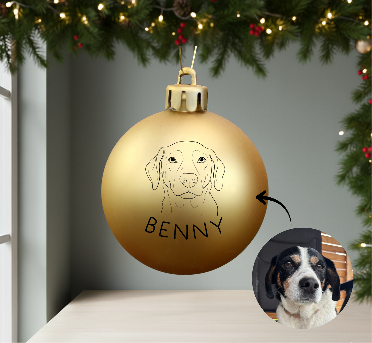 Personalisierte Christbaumkugel mit Hundeportrait und Name 🎄