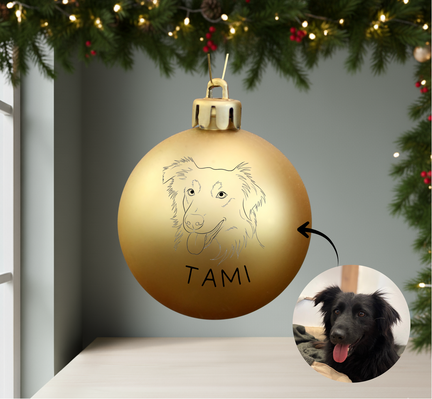 Personalisierte Christbaumkugel mit Hundeportrait und Name 🎄