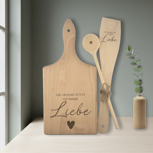 Küchen-Geschenkset aus Holz – Schneidebrett, Kochlöffel & Pfannenwender