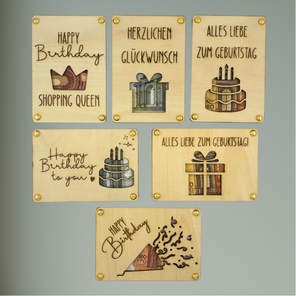 Geburtstags-Geschenk-Karten aus Holz| 6 Motive | Geldgeschenk & Gutscheinkarten | Personalisiert