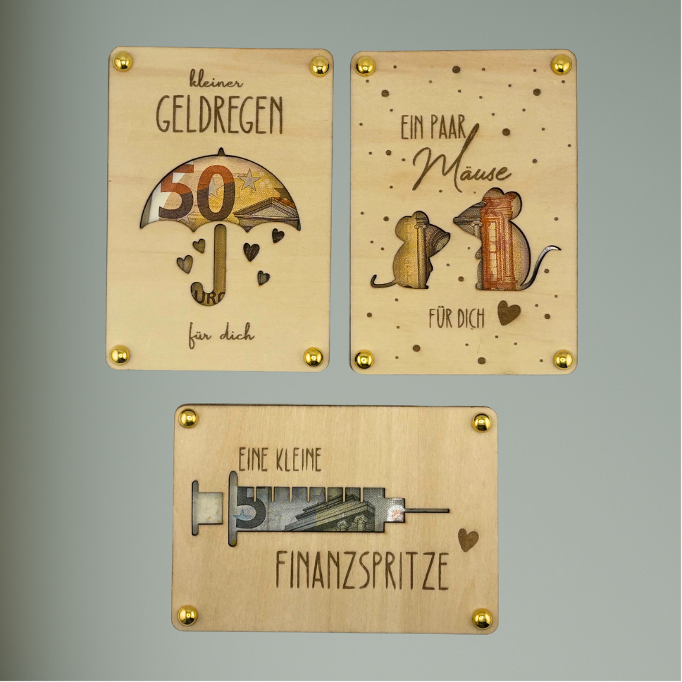 Holzkarte Geldgeschenk – Kleiner Geldregen / Mäuse / Finanzspritze | Holz | Personalisierbar