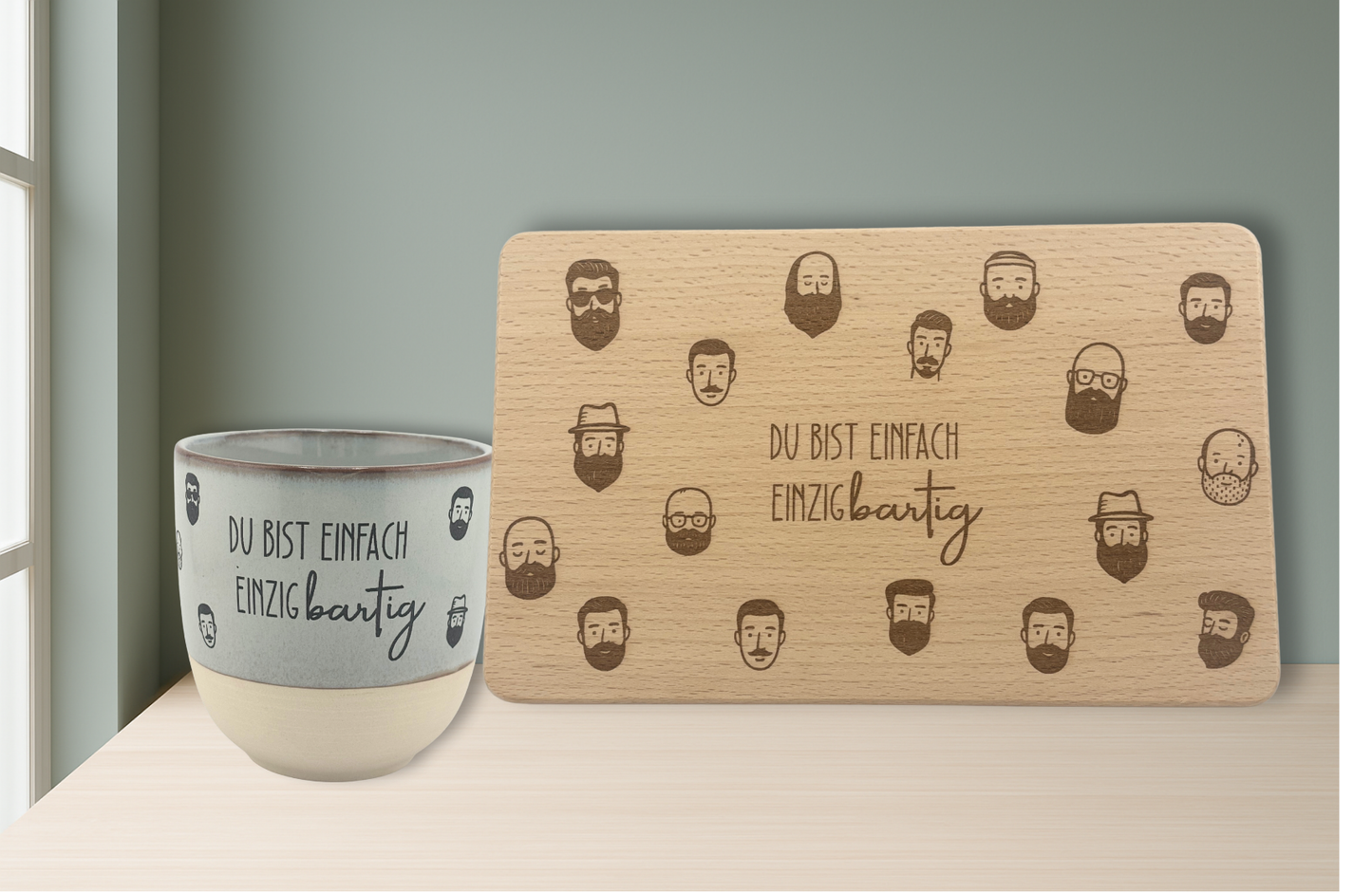 Tasse & Frühstücksbrettchen „einzigBARTig“  | Lustiges Geschenk für Männer