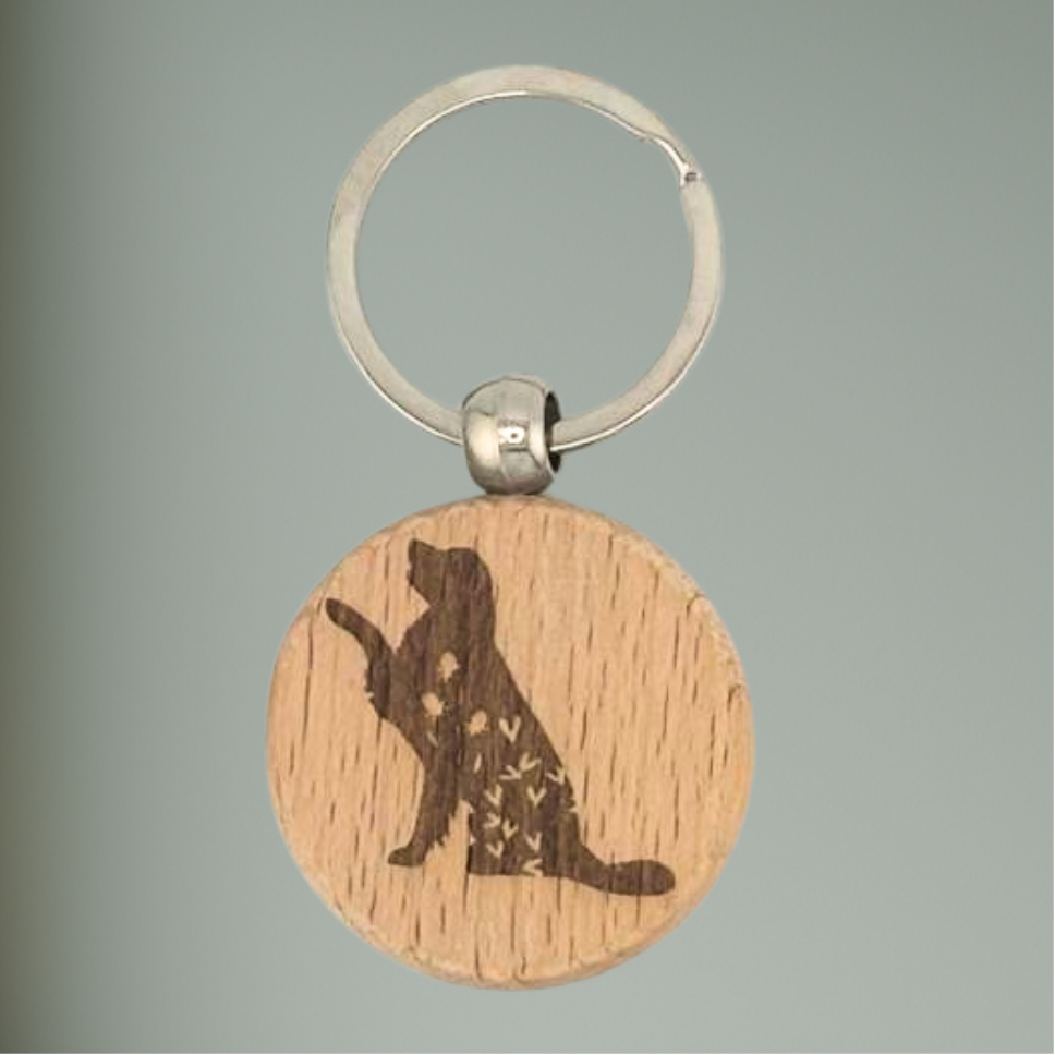 Holz-Schlüsselanhänger mit floralen Tiermotiven – Hund, Katze, Pferd