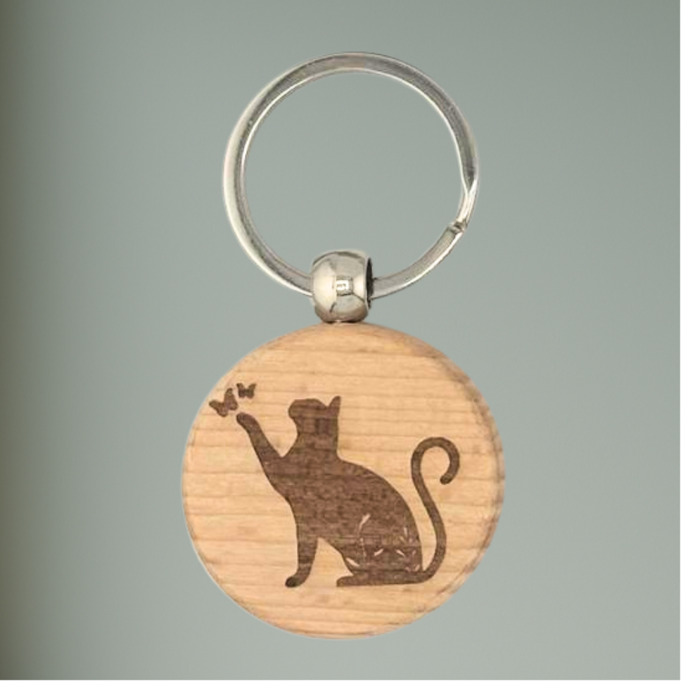 Holz-Schlüsselanhänger mit floralen Tiermotiven – Hund, Katze, Pferd