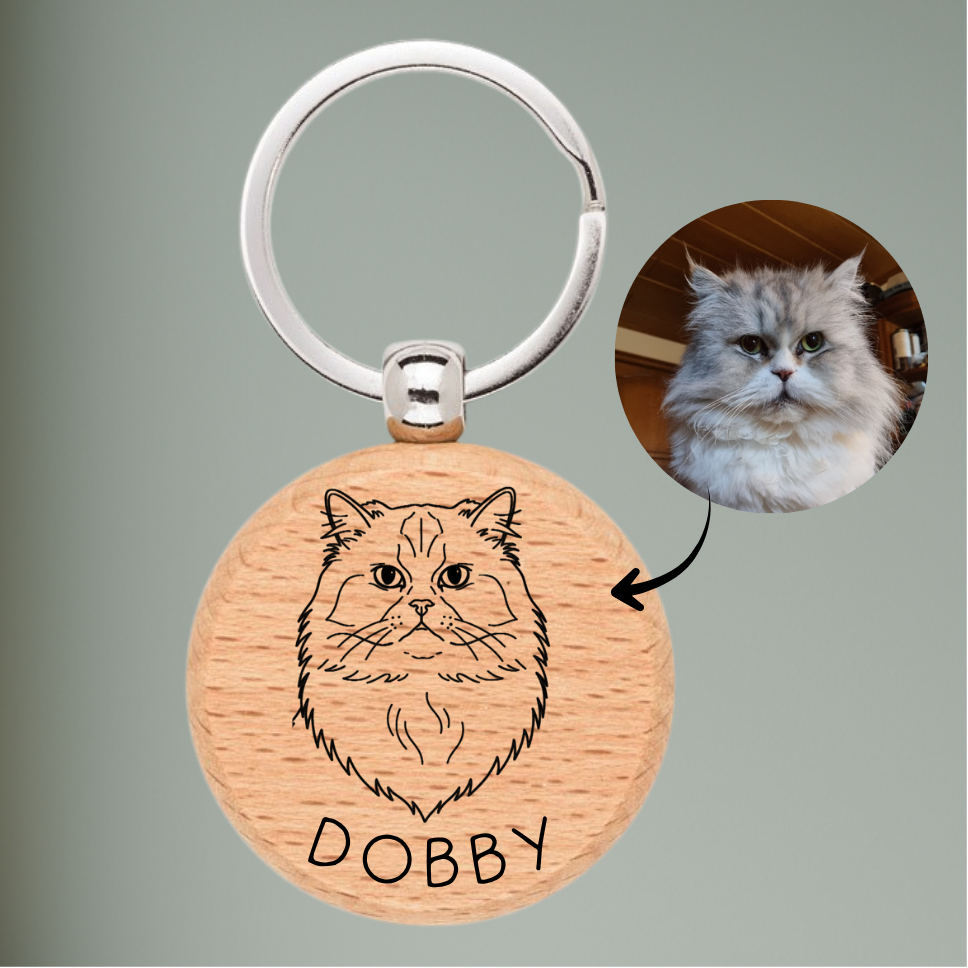 Personalisierter Holz-Schlüsselanhänger mit Tiermotiv | Gravur nach Foto